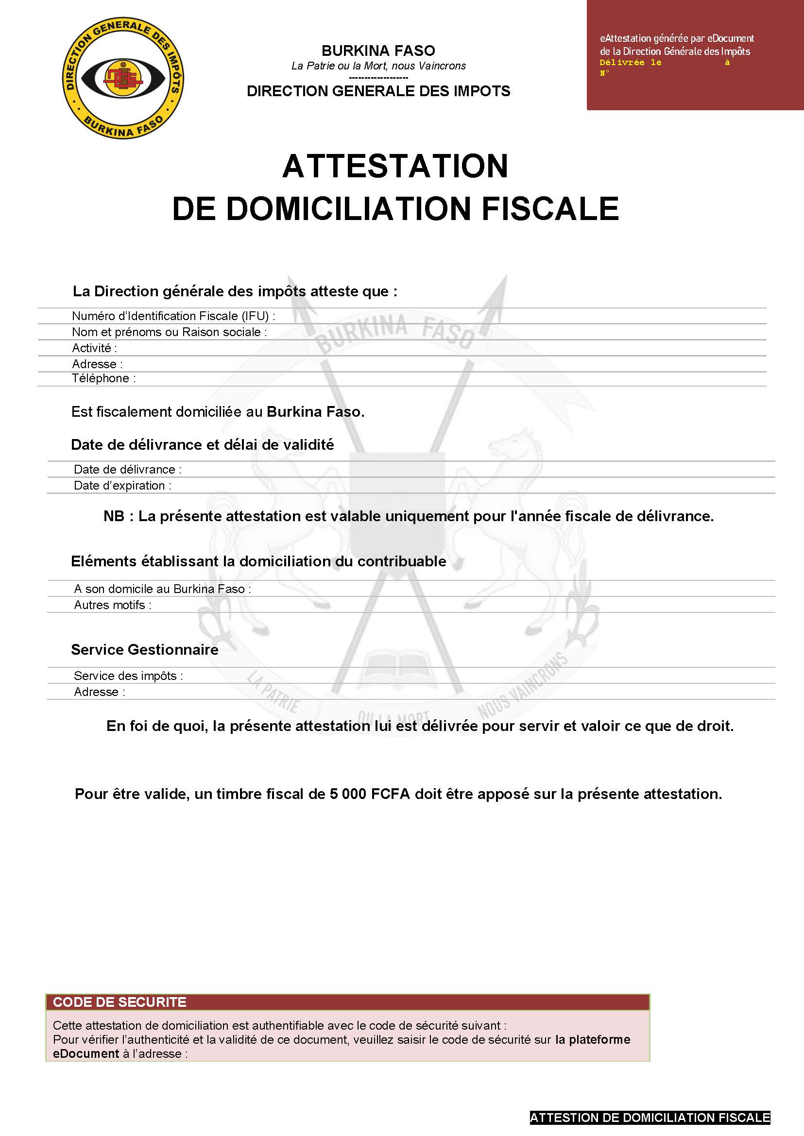 Attestation de domiciliation fiscale
