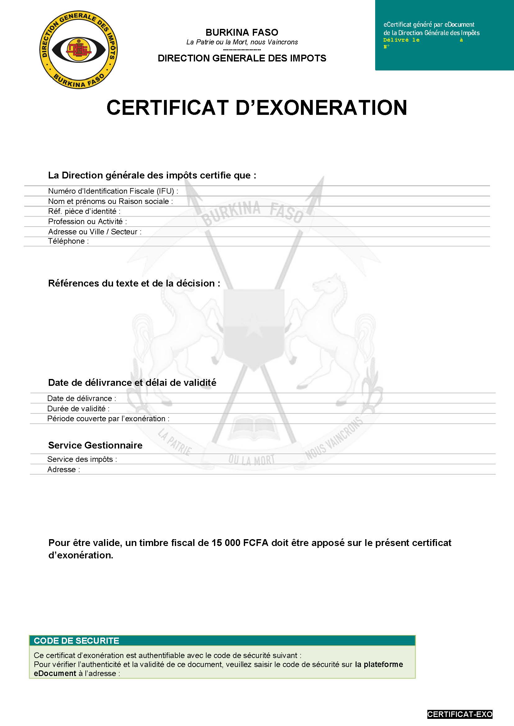 Certificat d'exonération