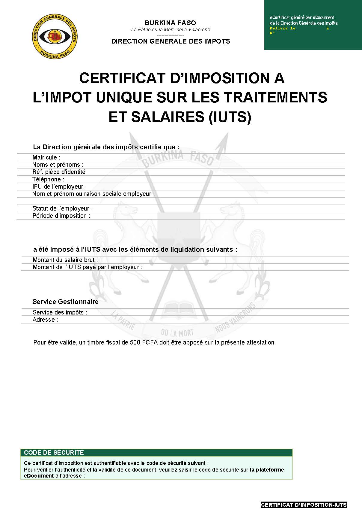 Certificat d'imposition à l'IUTS